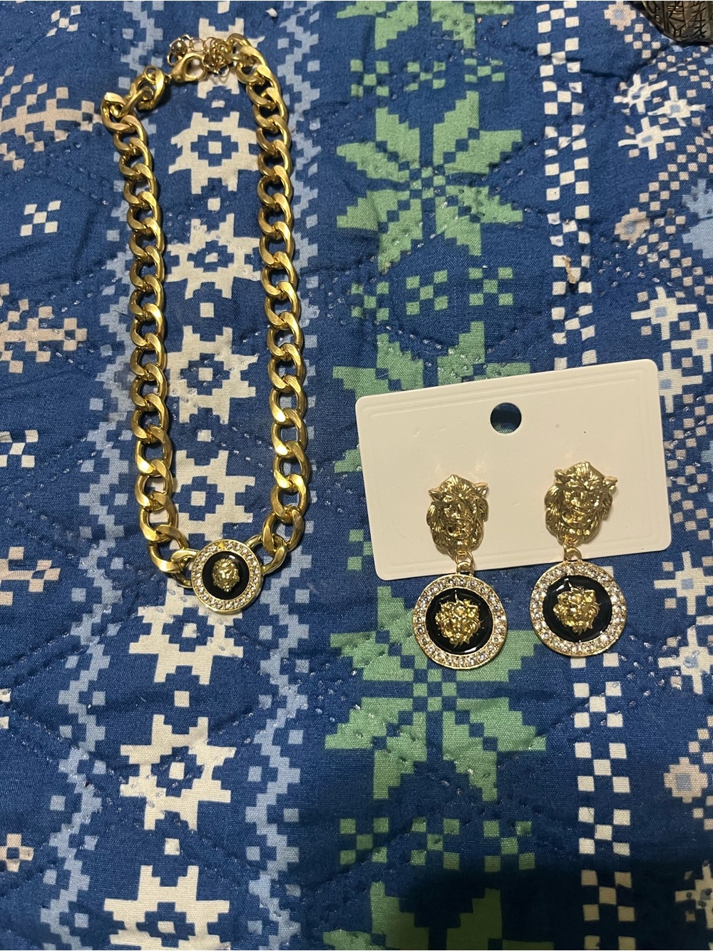 Gold-Tone Medallion Chain Necklace and Lion Drop Earrings Set